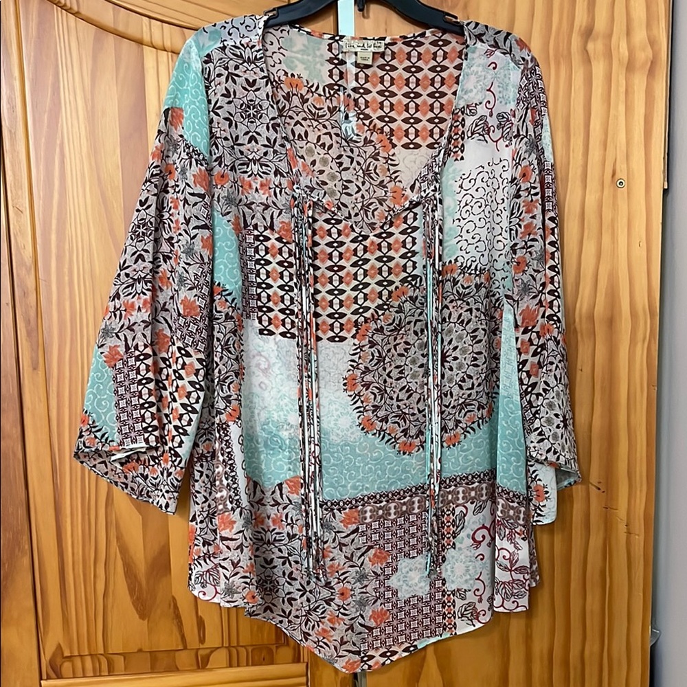 LIVE AND LET LIVE BOHO KIMONO WOMENS PLUS 1X MULTICOLOR ASYMMETRICAL FRONT TIE